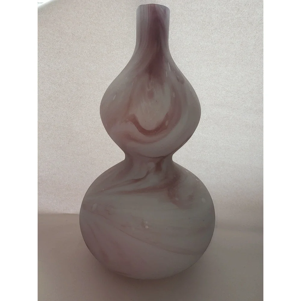 Hand Blown Glass Double Gourd Vase Frosted White Mauve Marbled Swirl 12.5 Inch